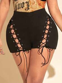 SHEIN SXY Lace Up Front Solid Shorts - Black - View 3