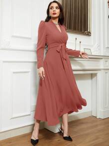 Modelyn Solid Belted A-Line Dress Long Evening Dresses