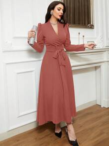Modelyn Solid Belted A-Line Dress Long Evening Dresses