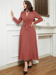 Modelyn Solid Belted A-Line Dress Long Evening Dresses