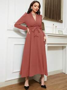 Modelyn Solid Belted A-Line Dress Long Evening Dresses