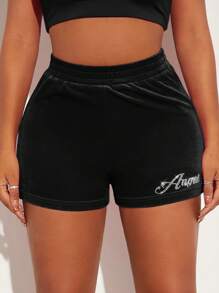 SHEIN SXY Shorts con diamante de imitación con patrón de letra de terciopelo