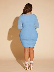 SHEIN SXY Đầm Plus Size Cắt ra Xù màu trơn Thanh lịch - Màu xanh nhạt - Xem 2