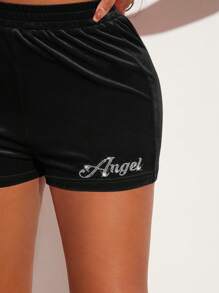 SHEIN SXY Shorts con diamante de imitación con patrón de letra de terciopelo