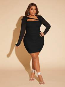 SHEIN SXY Plus Cut Out Ruched Mesh Bodycon Dress,Graduation Dress - Black - View 4