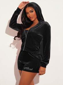 SHEIN SXY Shorts con diamante de imitación con patrón de letra de terciopelo