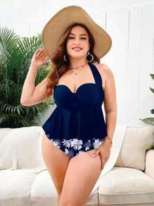 Swim Lushoire Plus Size Floral Print Ruffle Hem Push Up Tankini Summer Beach - Blue - View 1