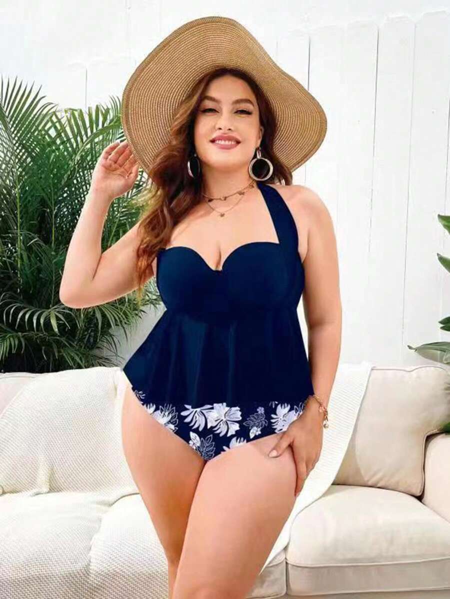 Swim Lushoire Plus Size Floral Print Ruffle Hem Push Up Tankini Summer Beach - Blue - View 1