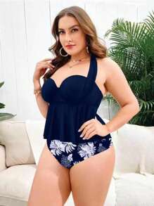 Swim Lushoire Plus Size Floral Print Ruffle Hem Push Up Tankini Summer Beach - Blue - View 4