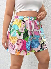 SHEIN EZwear Plus Cartoon & Figure Graphic Drawstring Waist Shorts - Multicolor - View 2