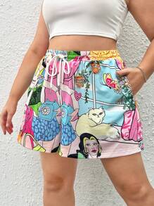 SHEIN EZwear Plus Cartoon & Figure Graphic Drawstring Waist Shorts - Multicolor - View 1