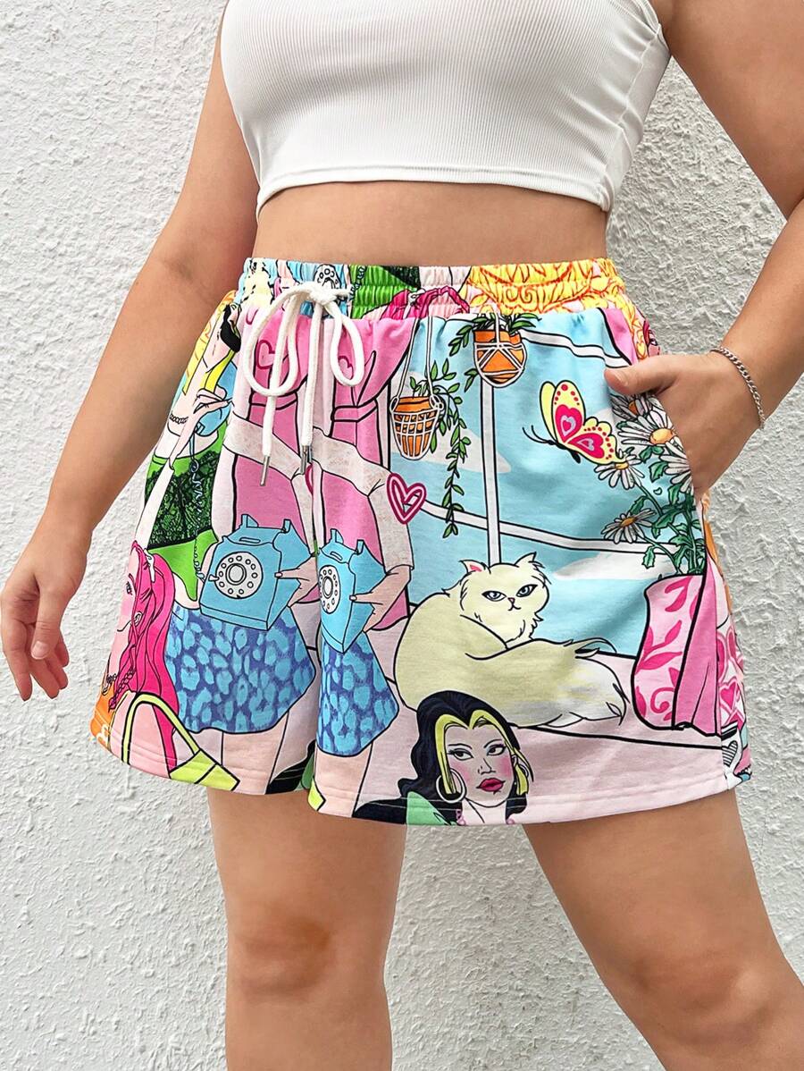 SHEIN EZwear Plus Cartoon & Figure Graphic Drawstring Waist Shorts - Multicolor - View 1