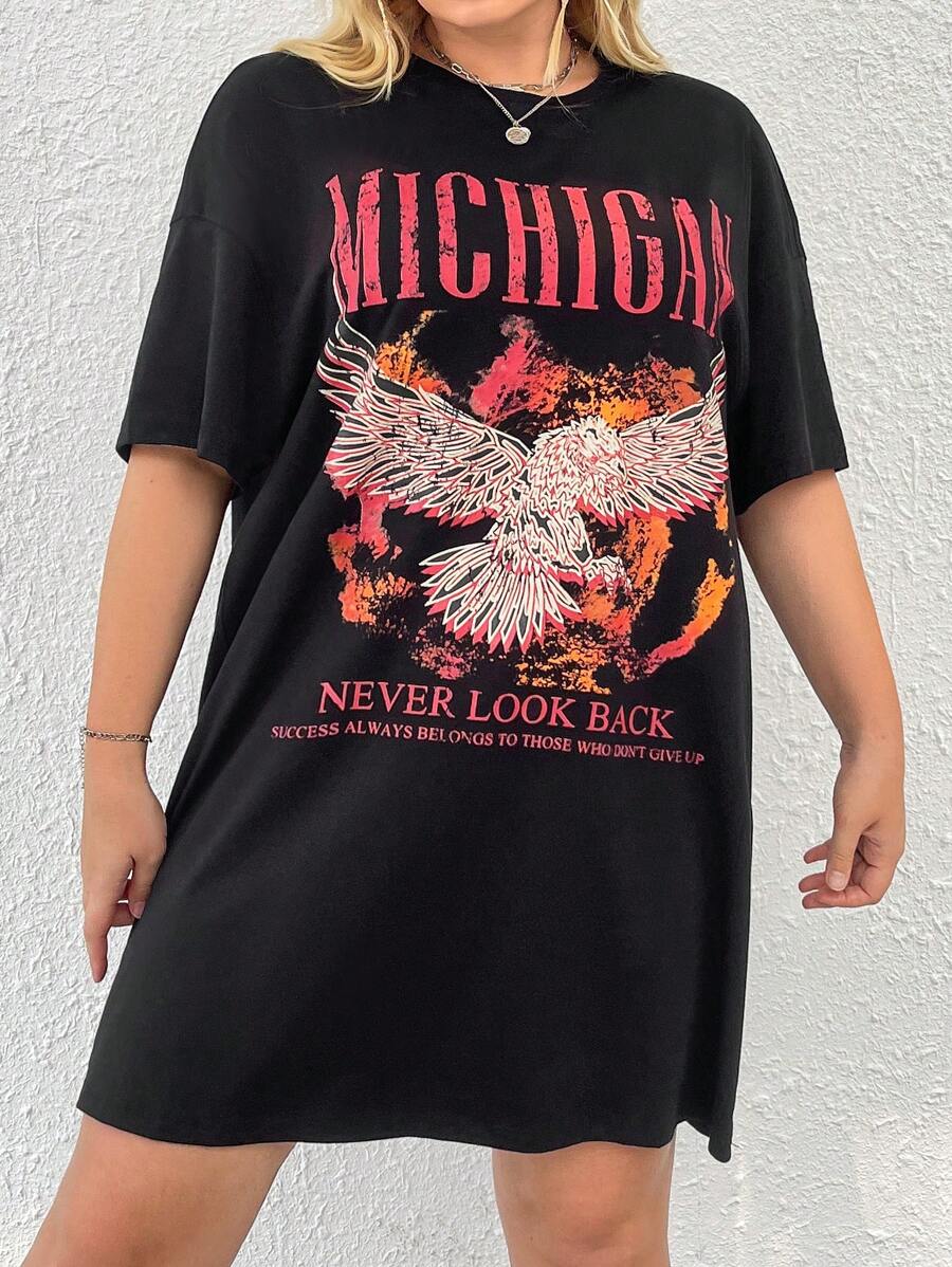 SHEIN EZwear 大碼鷹和標語圖案落肩T恤連衣裙 - 黑色 - 查看 1
