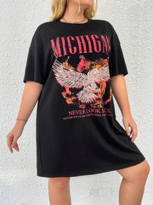 SHEIN EZwear 大碼鷹和標語圖案落肩T恤連衣裙 - 黑色 - 查看 3
