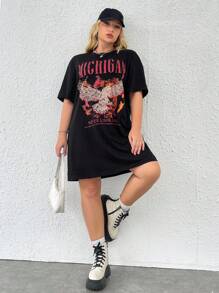 SHEIN EZwear 大碼鷹和標語圖案落肩T恤連衣裙 - 黑色 - 查看 4