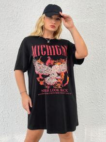 SHEIN EZwear 大碼鷹和標語圖案落肩T恤連衣裙 - 黑色 - 查看 5