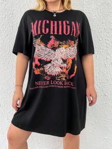 SHEIN EZwear 大碼鷹和標語圖案落肩T恤連衣裙 - 黑色 - 查看 6