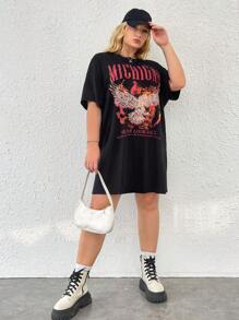 SHEIN EZwear 大碼鷹和標語圖案落肩T恤連衣裙 - 黑色 - 查看 7