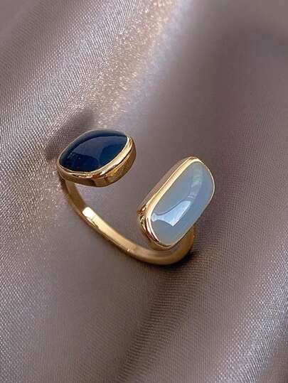 1pc Elegant Blue Oil Drop Open Ring, Unique Niche Design, High-End European And American Style