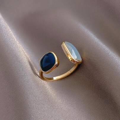 1pc Elegant Blue Oil Drop Open Ring, Unique Niche Design, High-End European And American Style