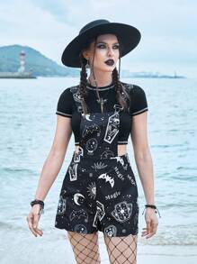 ROMWE Goth Sun & Moon Graphic Overall Romper Without Tee - Black - View 1