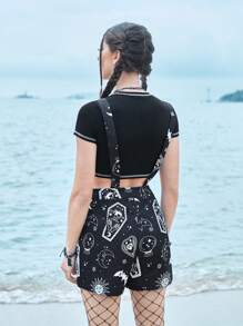 ROMWE Goth Sun & Moon Graphic Overall Romper Without Tee - Black - View 2