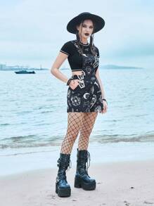 ROMWE Goth Sun & Moon Graphic Overall Romper Without Tee - Black - View 4