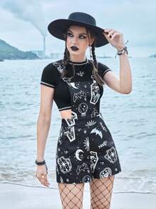 ROMWE Goth Sun & Moon Graphic Overall Romper Without Tee - Black - View 6
