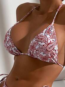 Paisley Print Halter Triangle Summer Beach Bikini Set - Multicolor - View 4