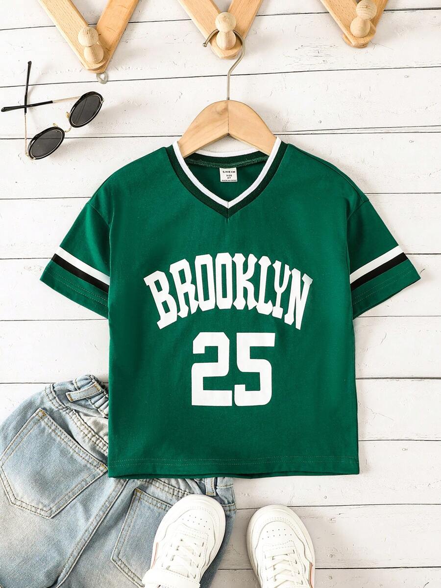 SHEIN Tops con gái lớn Lá thư Sọc Giải trí - màu xanh lá - Xem 1