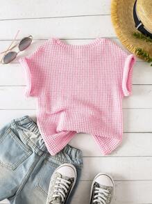 SHEIN 少女用格子針織蝙蝠袖t恤 - 粉色 - 查看 2