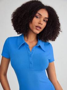 SHEIN BASICS Vestido De Cuello Polo Con Abertura En El Muslo - Azul - Ver 4