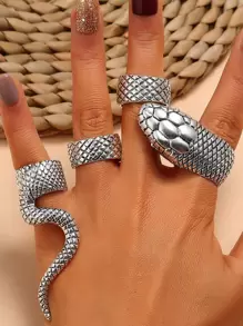 4Pcs Vintage Silver Tone Snake Pattern Rings Set Retro Textured Knuckle Rings Punk Style Women Party Jewelry - Antique Silver - View 1
