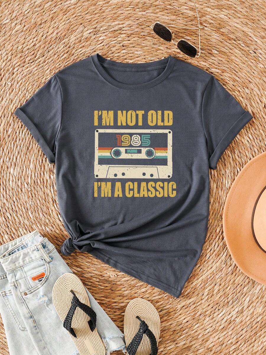INAWLY Audiotape And Slogan Graphic Tee I'M NOT OLD 1985 I'M A CLASSIC Graphic Tees Women Tops - Grey - View 1