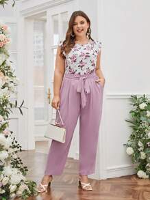 SHEIN Clasi Plus Floral Print Ruffle Trim Top & Paperbag Waist Belted Pants - Multicolor - View 2