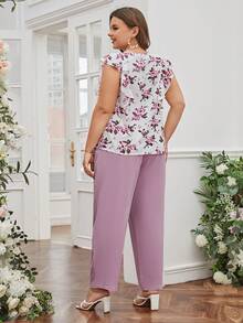 SHEIN Clasi Plus Floral Print Ruffle Trim Top & Paperbag Waist Belted Pants - Multicolor - View 3