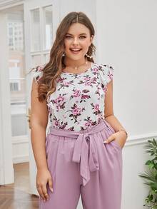 SHEIN Clasi Plus Floral Print Ruffle Trim Top & Paperbag Waist Belted Pants - Multicolor - View 4