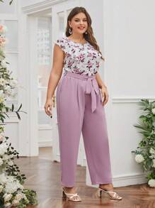 SHEIN Clasi Plus Floral Print Ruffle Trim Top & Paperbag Waist Belted Pants - Multicolor - View 5