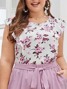 SHEIN Clasi Plus Floral Print Ruffle Trim Top & Paperbag Waist Belted Pants - Multicolor - View 6