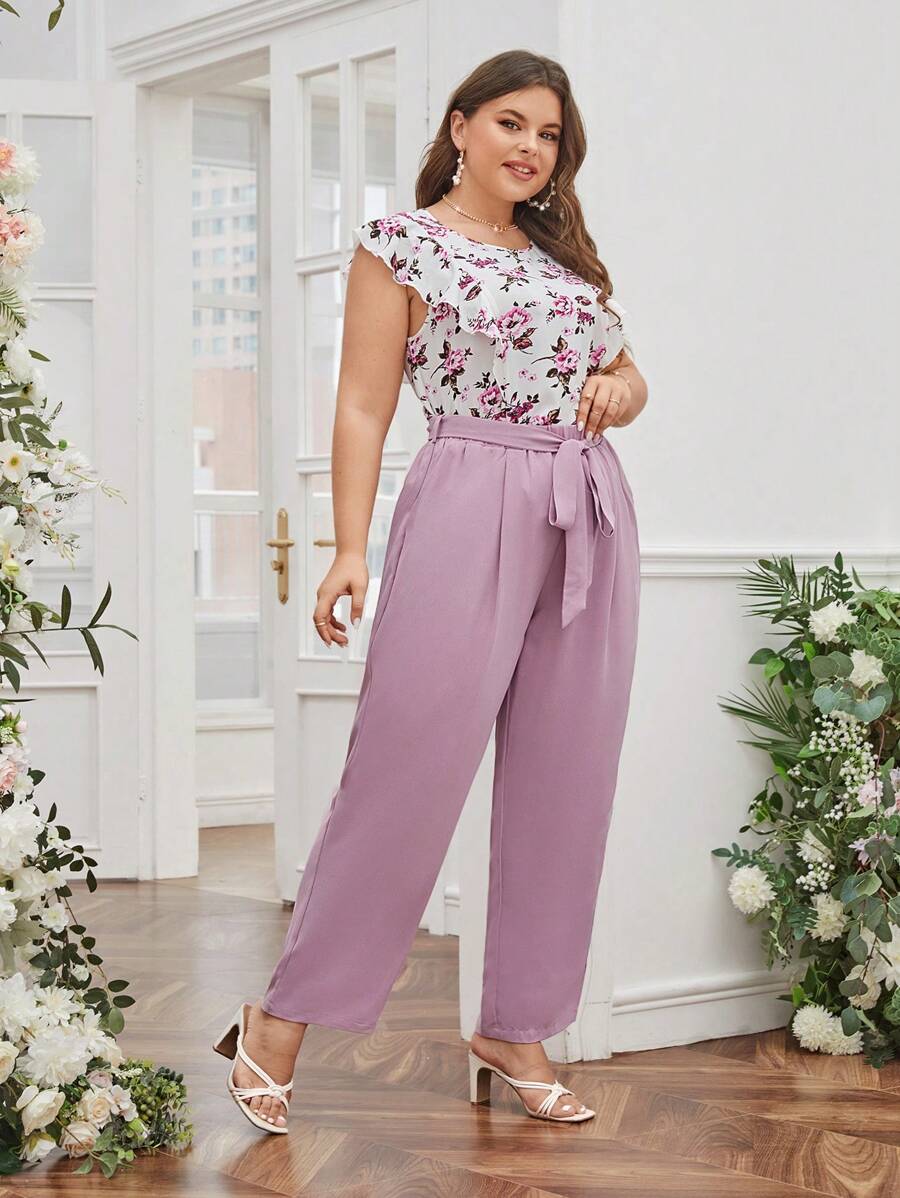 SHEIN Clasi Plus Floral Print Ruffle Trim Top & Paperbag Waist Belted Pants - Multicolor - View 1