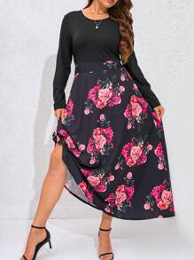 SHEIN Unity 大碼印花A字連衣裙 - 黑色 - 查看 1