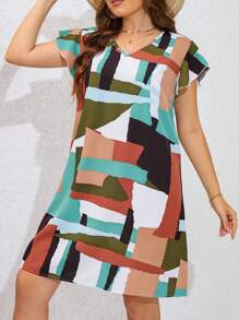 SHEIN LUNE 大碼幾何印花蝴蝶袖直筒連衣裙 - 彩色 - 查看 5