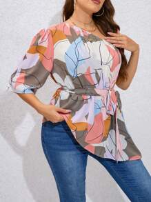 SHEIN Privé 大碼滿版印花單肩不對稱下擺腰帶襯衫 - 彩色 - 查看 5