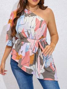 SHEIN Privé 大碼滿版印花單肩不對稱下擺腰帶襯衫 - 彩色 - 查看 4