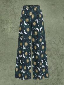 ROMWE Hippie Sun & Moon Graphic Wide Leg Pants - Multicolor - View 1