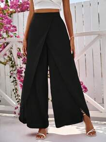 SHEIN VCAY Solid Wrap Hem Wide Leg Pants - Black - View 1
