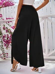 SHEIN VCAY Solid Wrap Hem Wide Leg Pants - Black - View 2