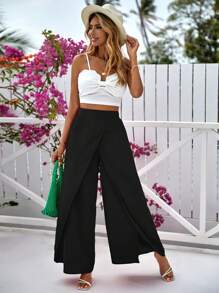 SHEIN VCAY Solid Wrap Hem Wide Leg Pants - Black - View 3