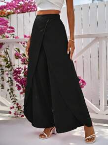 SHEIN VCAY Solid Wrap Hem Wide Leg Pants - Black - View 4