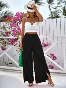SHEIN VCAY Solid Wrap Hem Wide Leg Pants - Black - View 5